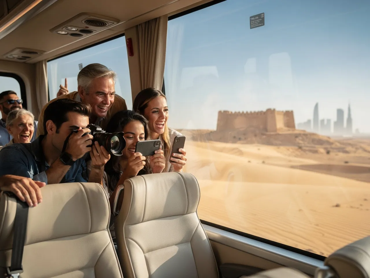 Tourists enjoying scenic views from a rental bus in Qatar