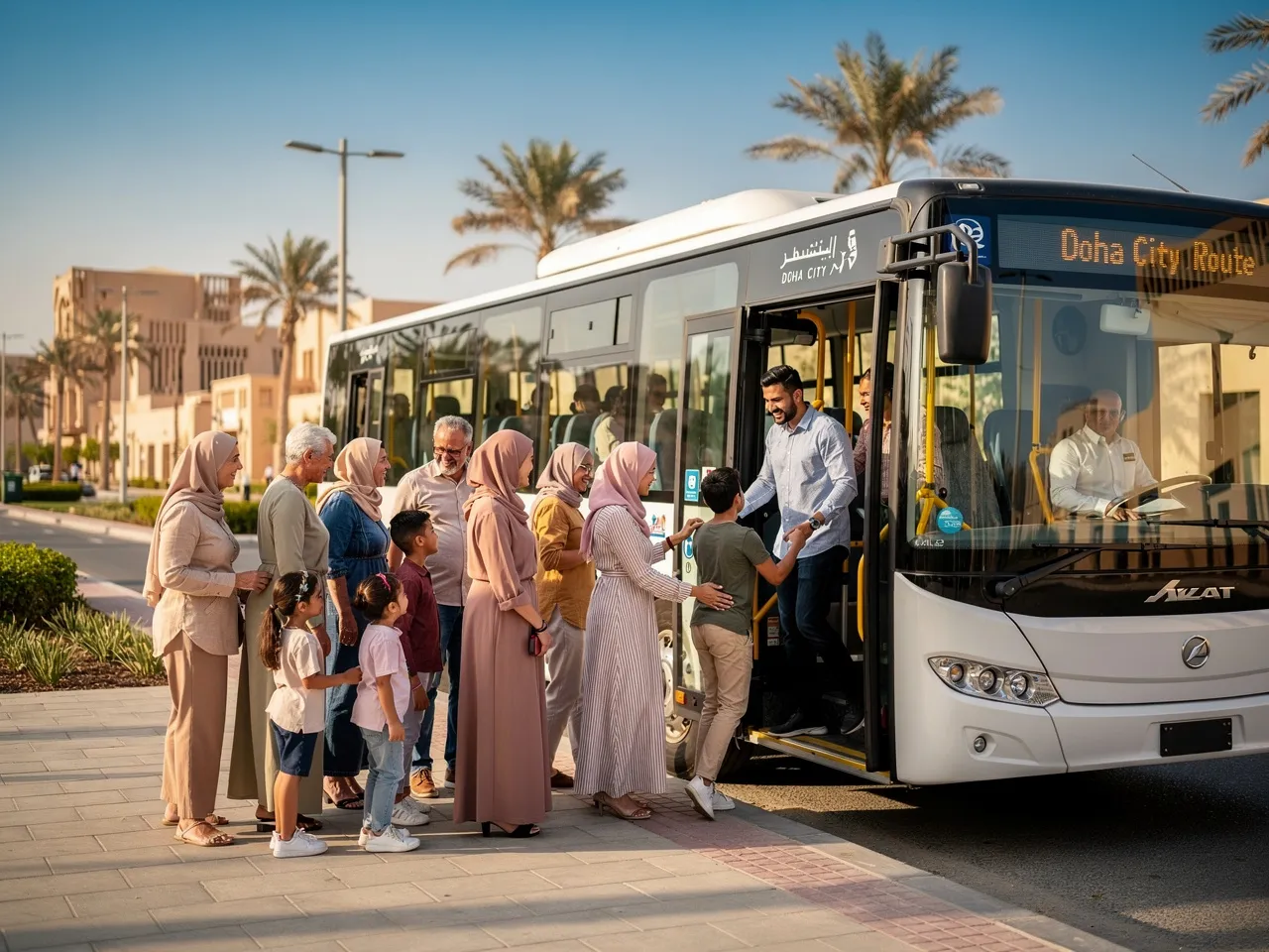 Happy groups utilizing bus rental services for leisure travel in Doha