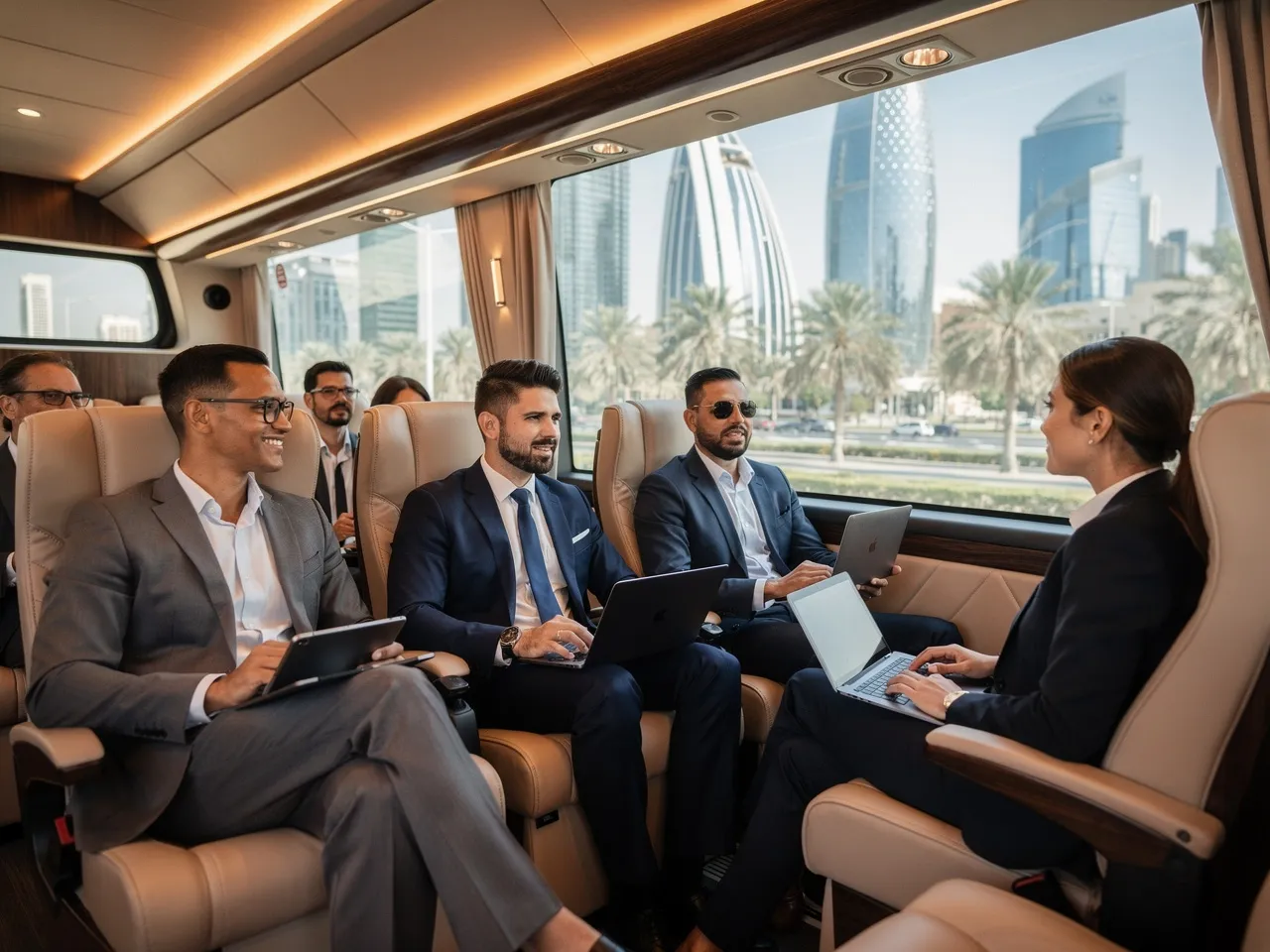 Business professionals utilizing bus rental services for corporate travel