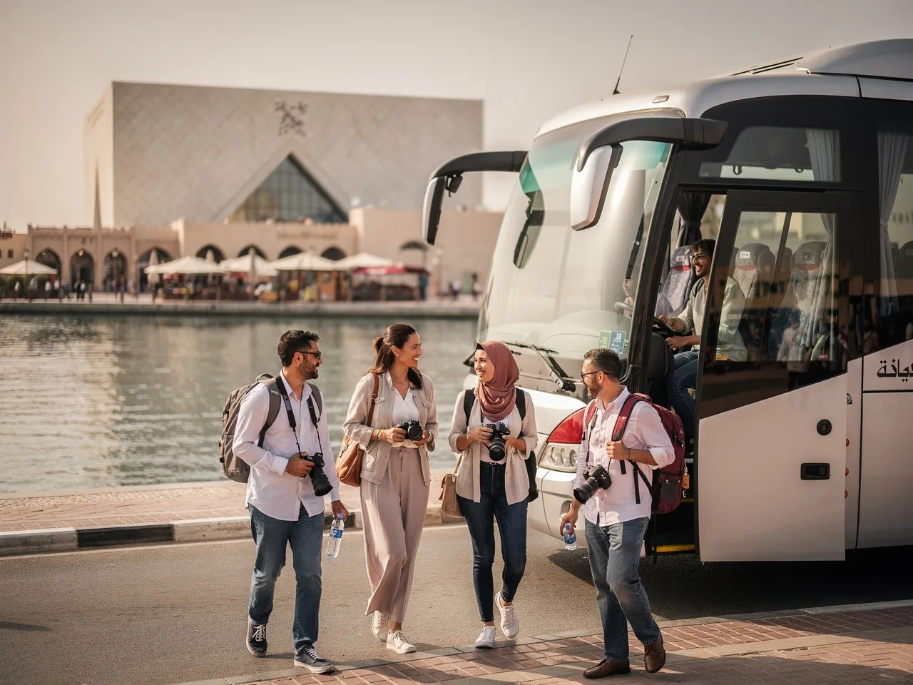Tourists enjoying a bus trip to a Doha landmark