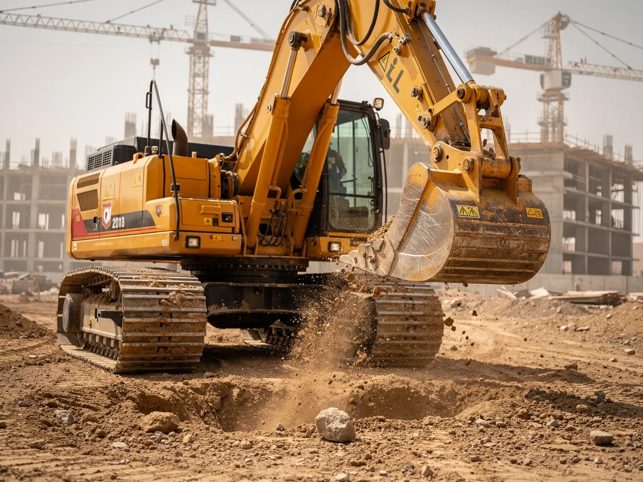 Excavator digging at a construction site in Qatar.