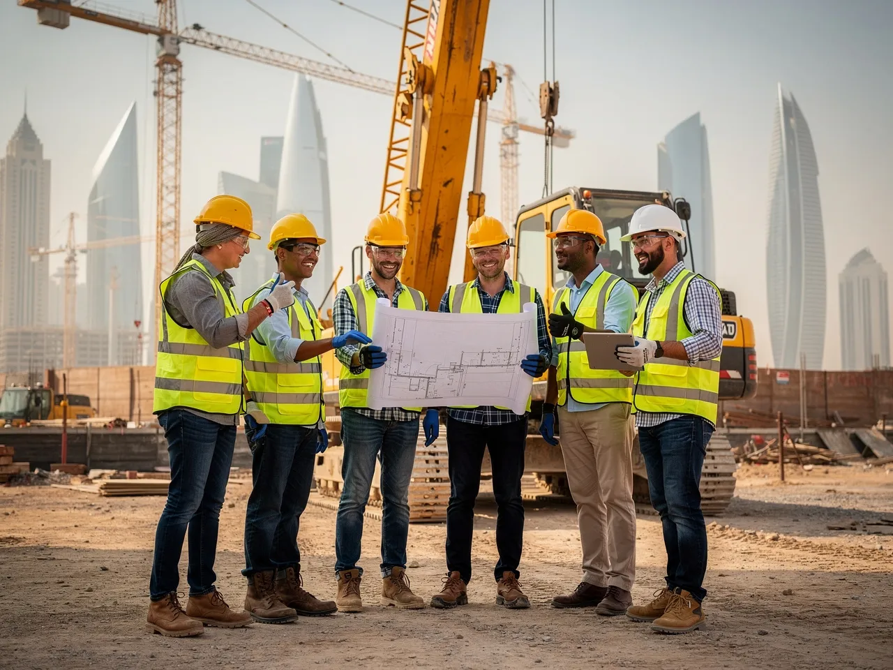 Construction workers collaborating on a project in Qatar.